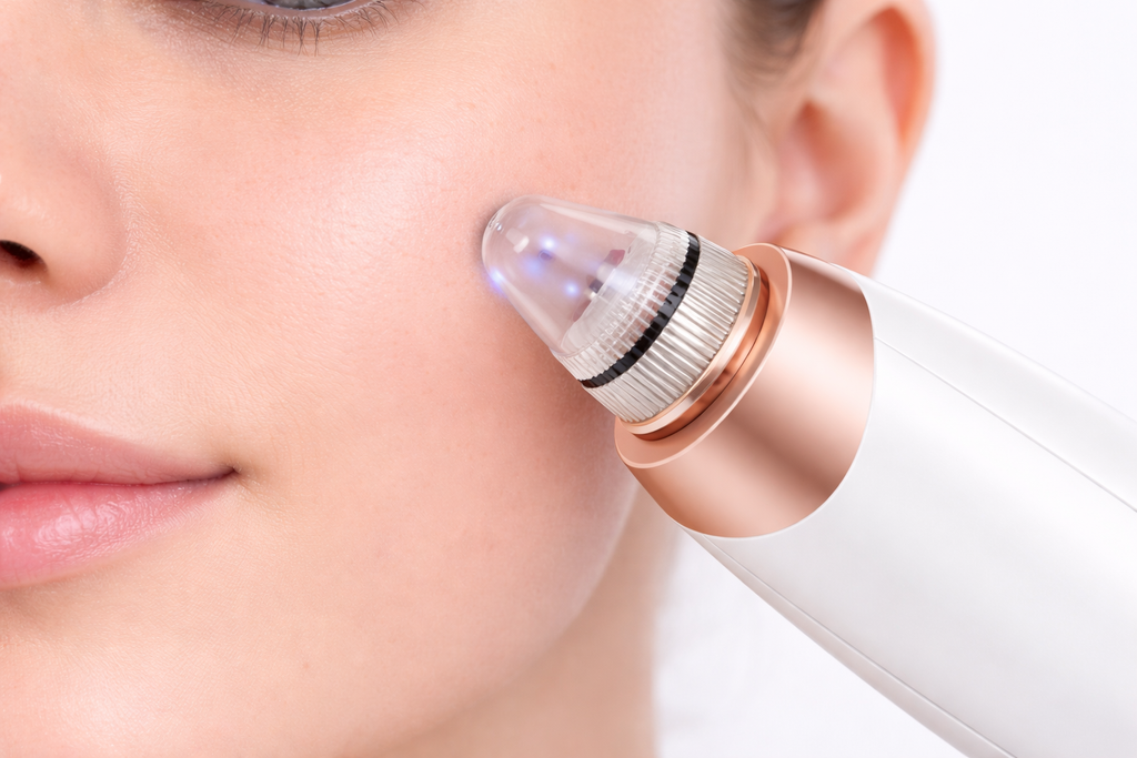 vrouw gebruikt Porexa huid reiniger apparaat op wang voor zachte gezichtsreiniging