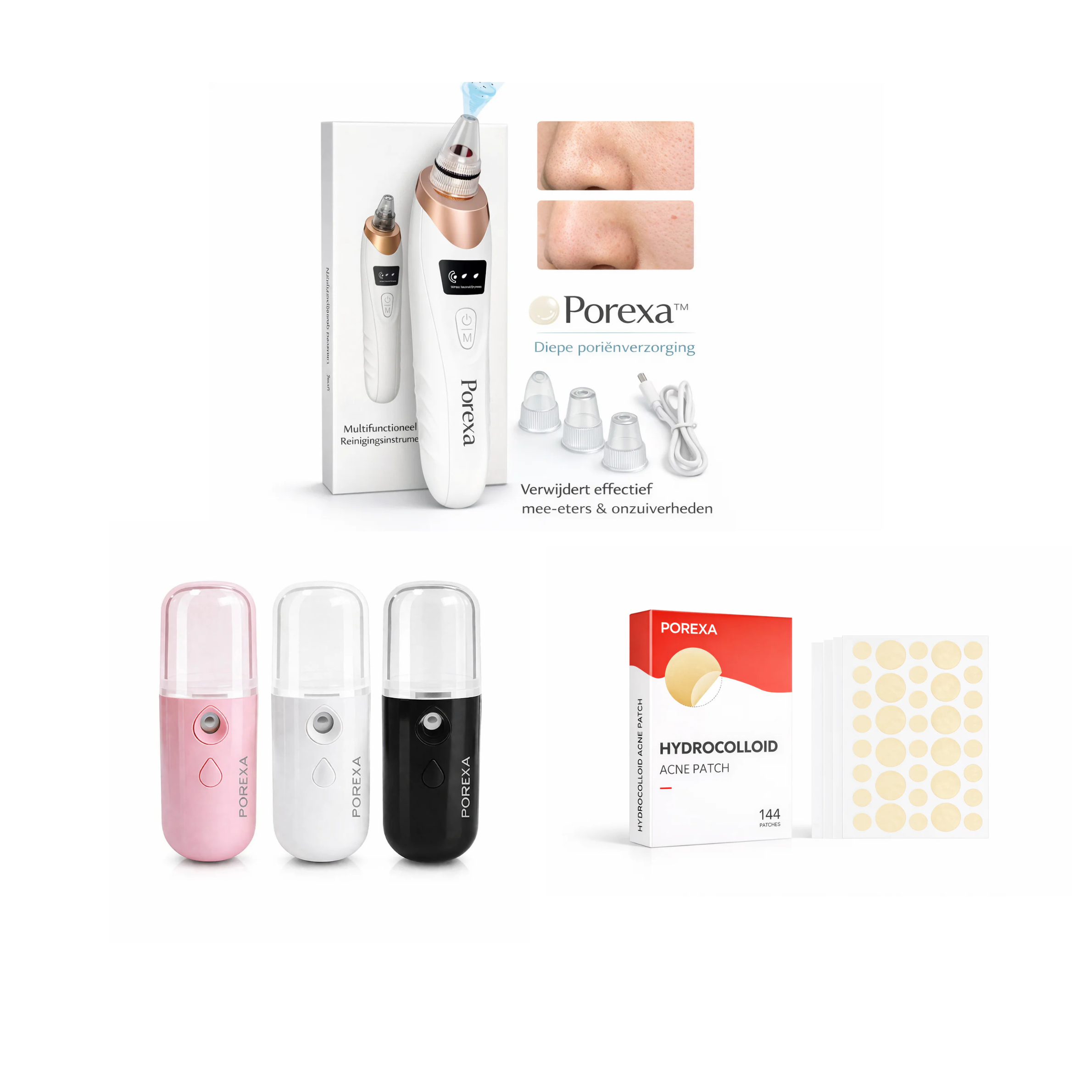 Porexa skincare bundle met poriënreiniger gezicht mist en acne patches complete set